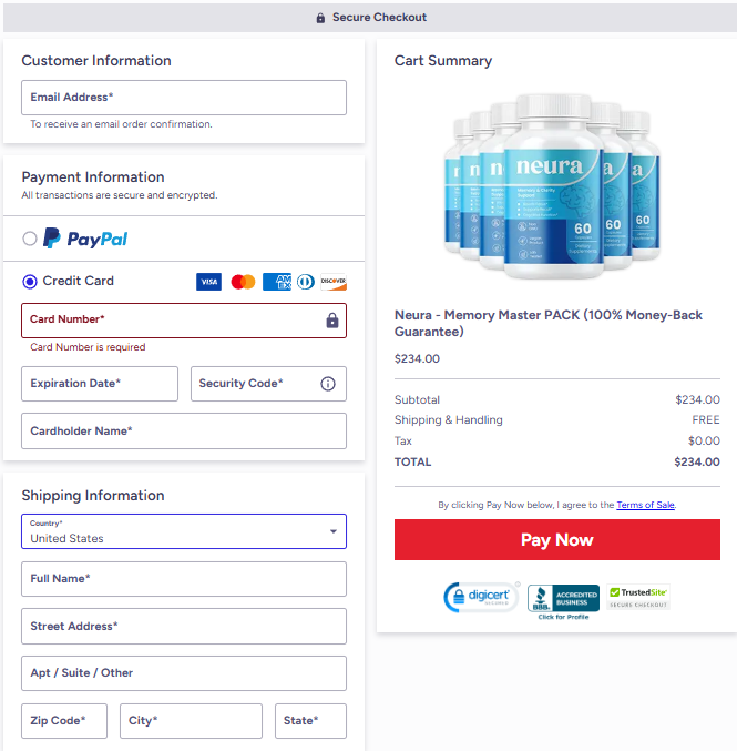Neura Supplement checkout page